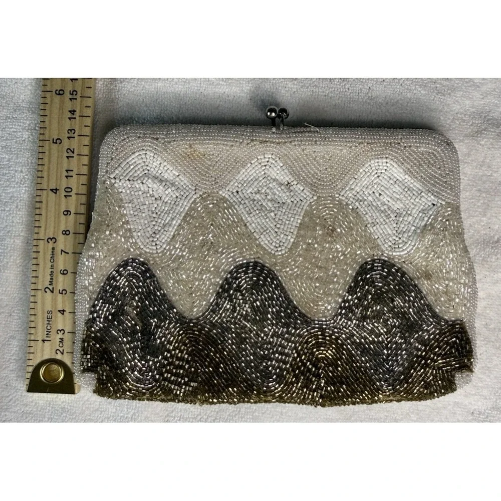Vintage Prom Beaded Clutch Purse Wavy‎ Pattern Metallic Shimmer Glass Seed Beads